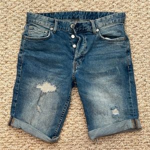 Mens Mid Length Slightly Distressed Blue Jean Shorts